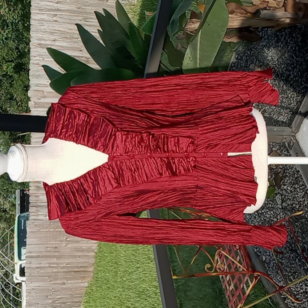 Nygard Collection Ladies Long Sleeve Button Down Cranberry Blouse Ruffle Neck M